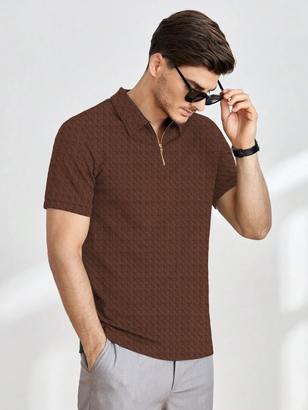 Image of KAJARU Men's Polyster Blend Regular Fit T-Shirt with Half Sleeve Chain Polo Collar V-Neck Standard Length and Classic Style