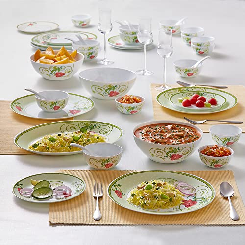 Larah by Borosil Emerald Kohinoor Series Opalware Dinner Set | 44 Pcs for Family of 8 | Microwave & Dishwasher Safe | Bone-Ash Free | Crockery Set for Dining & Gifting | Plates & Bowls | White