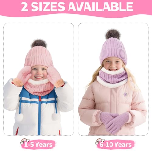 Image of Kids Winter Beanie Hat Gloves Scarf Set 1-10 Years Old Girls Boys Mittens Knit Neck Warmer Warm Fleece lining