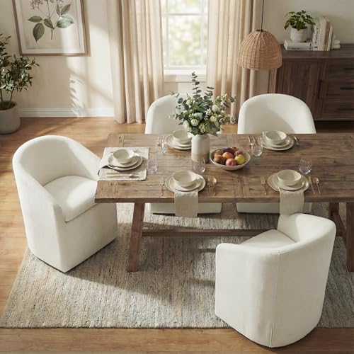 Image of KISLOT Upholstered Dining Chairs with Casters, Washable Cover Modern Dining Room Chairs with Barrel Backrest & Dual Armrest for Kitchen, Living Room, Bedroom, Linen Fabric, 4PCS