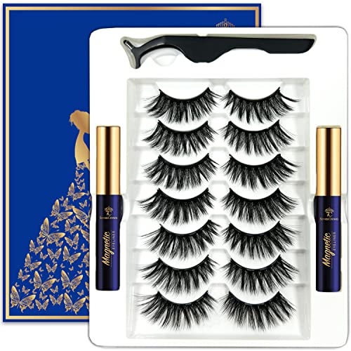 3D Magnetic Eyelashes with Eyeliner Kit - 7 Pairs Reusable False Eyelashes, Easy to Apply, Black, Faux Mink, Ultra-Soft, Ultra-Lightweight Fiber, Vegan, Magnetic