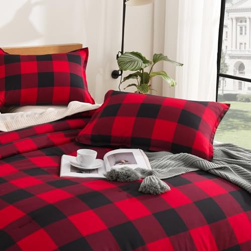 Image of Andency Red and Black Plaid Comforter Set Queen(90x90Inch), 3 Pieces Buffalo Plaid Checkered Gingham Bedding Comforter Sets, Soft Burgundy Lightweight Geometric Down Alternative Bed Set