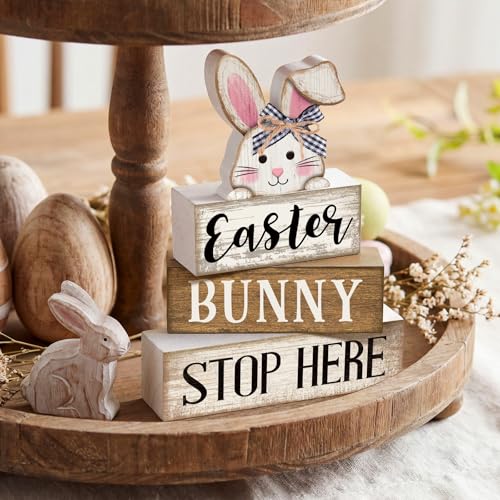 Image of Moucuny 4 Pcs Easter Bunny Table Decoration Stacked Wooden Bunny Block Decor 3-tier Tabletop Sign with 3D Rabbit, Rustic Farmhouse Easter Decorations for Home Egg Hunt Party Centerpiece Gift