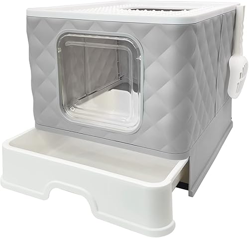 Fhiny Caja de arena grande para gatos con tapa, orinal cerrado para gatos con cajón plegable en la parte superior entrada frontal, suministros de