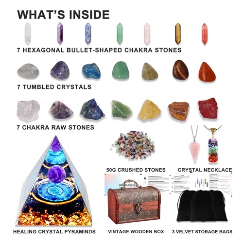 29pcs Healing Crystals Set, Crystals and Gemstones Set 7raw Chakra and 7tumbled Stones, 7bullet Shaped Chakra Stones, 2crystal Necklace, Crystal Pyramid, Crystals and Gemstones,Crystal Gifts - Image 3