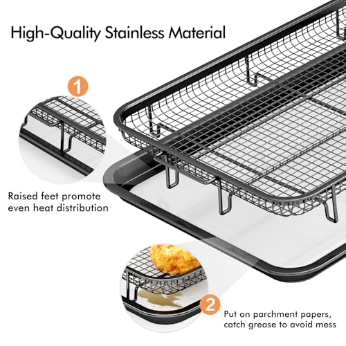 Image of Air Fryer Basket for Oven,2 Set Air Fryer Basket and Tray Set with 60 Sheets Parchment Papers,THORSES Food-Grade Stainless Steel Air Fryer Pan and Crisper Tray-Black Large15 inchx11 inch&Medium13.4 inchx9.6 inch