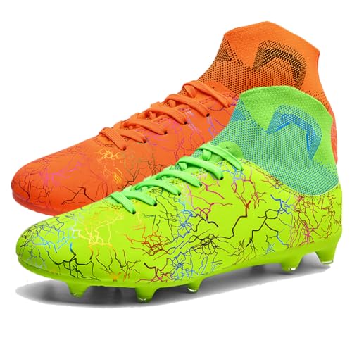 ESXGED Womens High Top Lightweight Soccer Cleats Mens Comfy Football Boots Spikes Shoes Training Sports Sneakers Green-Orange Size 8.5w/7m