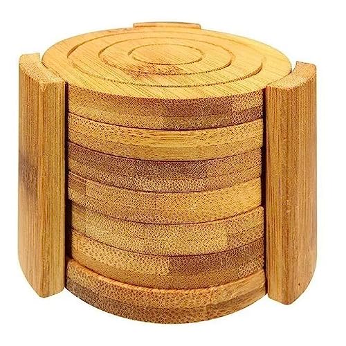 Porta Copos Bambu Madeira Redondo 6 bolachas com Suporte