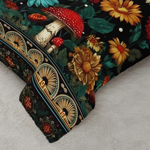 Image of AILONEN Enchanted Forest Queen Comforter Set 3 Piece, Floral Mushroom Bedding Pack, Gerbera Border Star Dot Print, Guest Bedroom, 2 Pillowcases