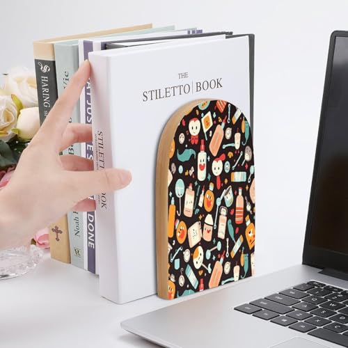 Sujetalibros de madera económicos y decorativos con patrón de dibujos 7