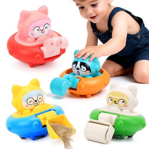 YELUFT Cars Toy for 18m+ Boys Birthday Gift - 4 PCS Press to Go Friction Vehicle Racing Car Toys Set for Toddlers, Push and Go Car Toys Infant 1st Birthday Gifts for Boys and Girls