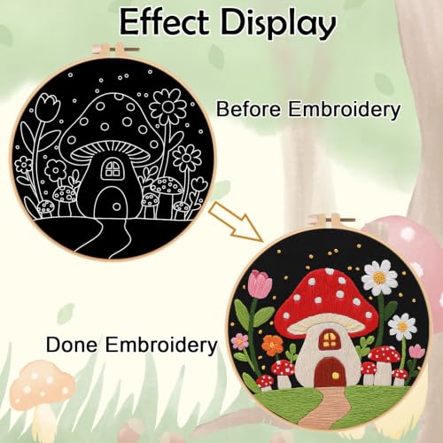 Image of Louise Maelys Mushroom Cottage Embroidery Kit for Adults with Complete Tool