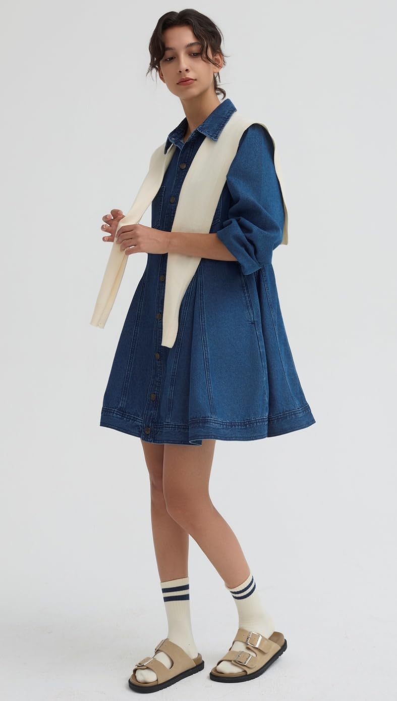 D-Sun Women's Long Sleeve Denim Dress Button Down Collar Casual A Line Swing Ruffle Jean Mini Dresses - Image 6