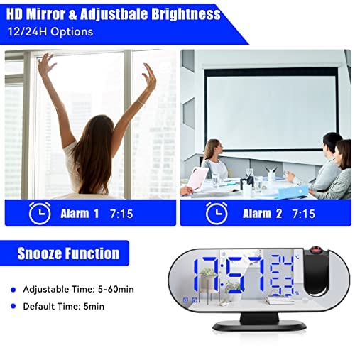 Zoos Projection Digital Alarm Clocks For Bedrooms 9" Led Mirror Digital Fm Alarm Clock Radio With Usb Charger Port, 180° Projector, Temperature & Humidity Display, 12/24H, Dual Alarm, Snooze, 4 Dimmer #TOP4
