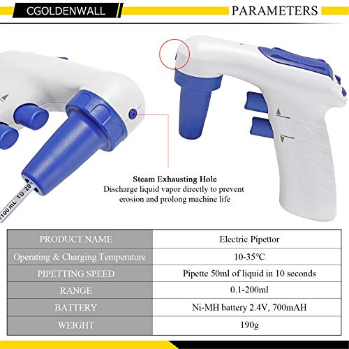 CGOLDENWALL Electric Pipettor Large Volume Automatic Motorized Pipette Filler Portable Pipette Controller for Biology Chemical Lab Speed Adjustable High Accuracy 0.1-200ML