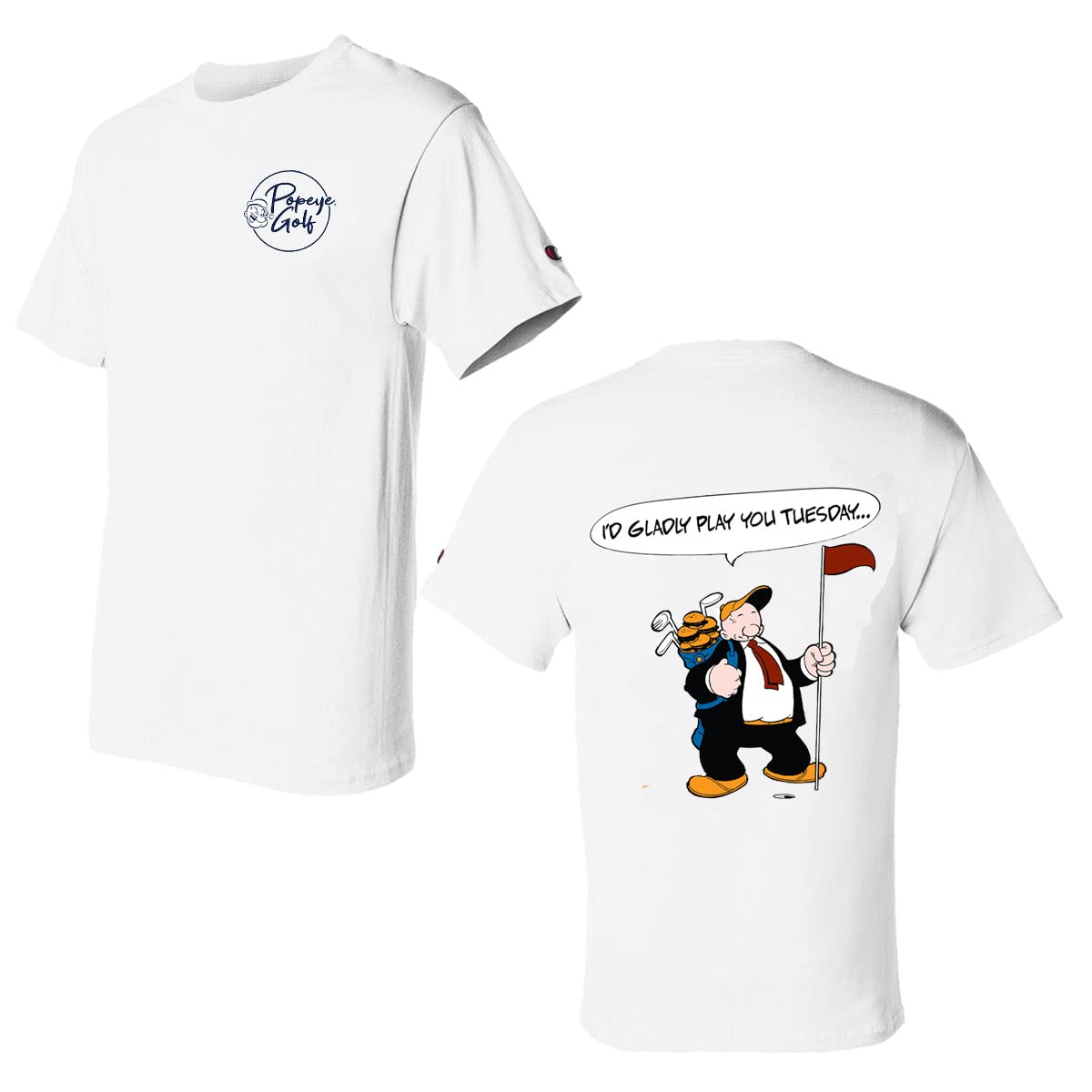 Popeye Wimpy Golf Men's I'd Gladly Play You Tuesday Print T-Shirt, White, Large