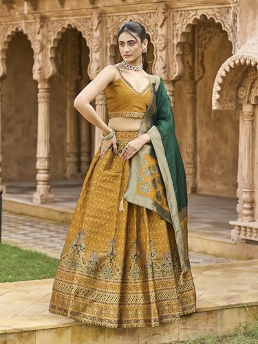 Image of PURVAJA Women's Kanjiwaram Semi-Stitched Lehenga choli