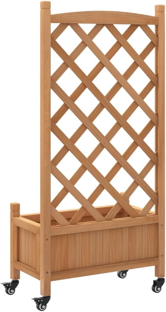vidaXL Outdoor Planter with Trellis and Wheels - Brown Solid Fir Wood Flower Box, Ideal for Patio, Garden, and Balcony