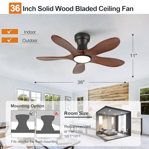 Image of 36 Inch Wood Flush Mount Ceiling Fans with Lights and Remote, Dimmable 5 Blade Wood Bedroom Ceiling Fan Outdoor Ceiling Fans for Patios Low Profile Ceiling Fan with Light for Bedroom Indoor