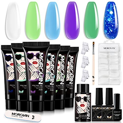 Morovan Poly Gel Nail Kits All in One Poly Nail Gel Kits with Top and Base Coat Ploy Gel Kits 6 Poly Gel Color Packs Gel Extension Nail Kit Starter Ploy Gel Kits Brush Nail Clip Nail Primer Builder