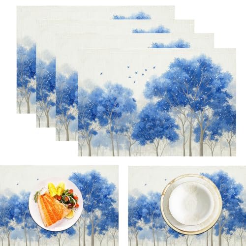 Sets de table antidérapants lavables en lin forêt arbres oiseaux pour table de cuisine - 3