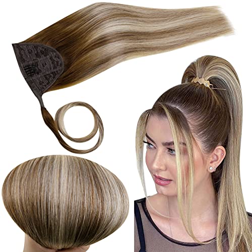 RUNATURE Ombre Ponytail Hair Extensions Real Hair Brown to Medium Blonde Clip in Ponytail Extension Human Hair Balayage Ponytail Extensions 20 Inch 80g