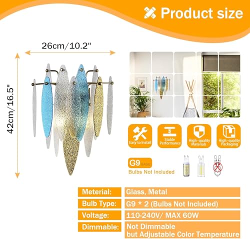 Image of Modern Gold Wall Sconces Set of Two, Glass Crystal Wall Light Fixtures with Colorful Leaves, 2-Light Art Decor Wall Lamps for Bedroom Living Room Bathroom