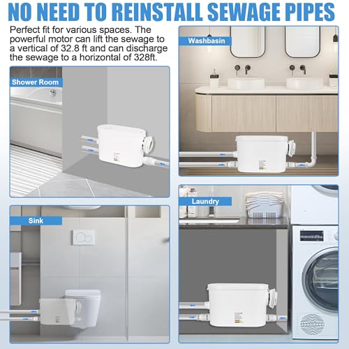Image of Sink Sewerage Pump 600W Macerating Wall-hung Toilet Pump Upflush to 32.8ft /10 m Waste Water Pump 8700 L /h, Macerator Sewerage Sump Pump With 3 Water Inlets for Bathtub, Laundry and Sink