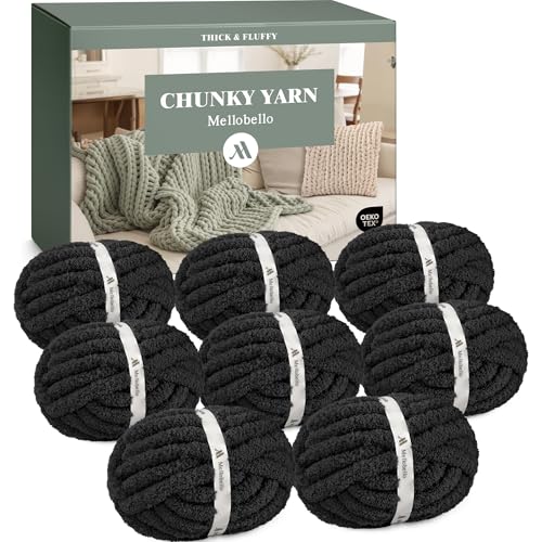 Jumbo Chunky Yarn for Hand Knitting - Super Thick Chenille Chunky Yarn for Crocheting - Extra Soft Bulky Fluffy Blanket Big Yarns 8 Jumbo Pack (26yds 8 oz Each Skein) Black
