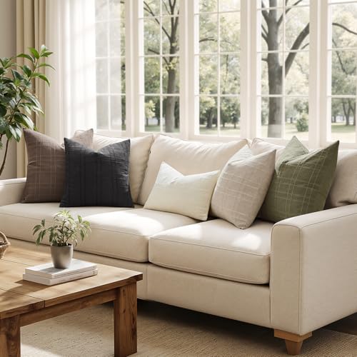 Image of MIULEE Decorative Linen Check Throw Pillow Covers Neutral Farmhouse Vintage Spring Pillow Covers 18x18 Set of 2 Boho Modern Home Decor for Sofa Couch Bedroom Cushion Sage Green