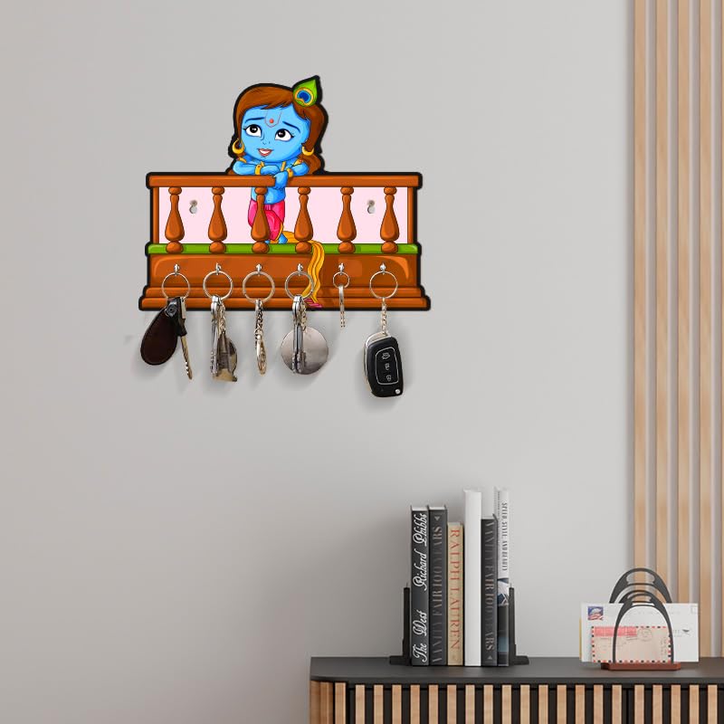Image of Decorative Krishna in Gallery Acrylic Key Holder for Home Decor Key Hangers Keychain Holder & Key Holder for Wall | No Drilling Required | with 2 Strong Sticker Hooks