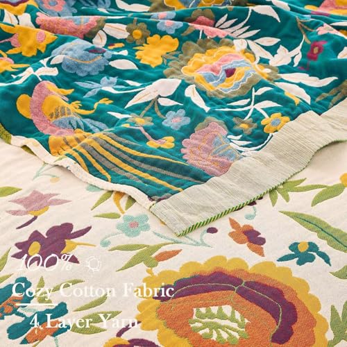 Image of XIBLC Boho Throw Blanket for Bed, 100% Cotton Soft Rustic Quilt Fall Blanket, 50 inchx60 inch Colorful Floral Printed Farmhouse Decor Bed Blankets, All Season Rustic Reversible Bohemian Throw Quilt