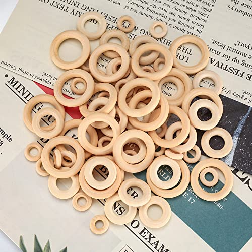 WELHAEPI 90 Stück Holzringe zum Basteln, Holz Ringe Natur, für DIY Handwerk Ring Anhänger Anschlussstück Schmuck Machen Spielzeug Serviettenringe, Holzkranz, Bastelring - 15mm, 25mm, 35mm, 45mm, 55mm