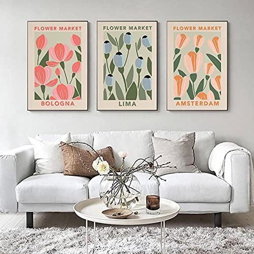 Art mural abstrait marché aux fleurs vintage : lot de 3 affiches aquarelle scandinaves 50x70 cm