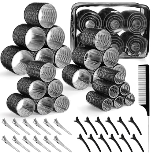 Nigwedete 4 Sizes Hair Rollers Set 50 Pcs Self-Adhesive Curlers for Women Heatless Curls with 24 Hour Hold Includes 24 Clips & Dust Bag Suitable for All Hair Types & Styles