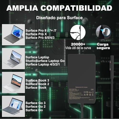 Cargador Surface 65W sustitución para evitar batería baja en Surface Pro 7 6 3