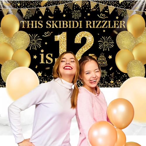 Image of Black Gold This Skibidi Rizzler is 12 No Cap Happy Birthday Backdrop Banner Photography Background Decorations for Boys Girls 12th Year Bday Party Accessories Supplies 72.8 * 43.3in