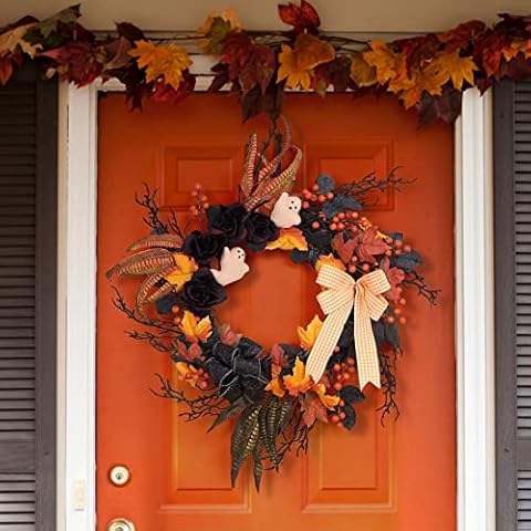 LinTimes Halloween Wreaths for Front Door, 26Inch Ghost Wreath with Ribbon Black Rose Maple Berries Feather for Indoor Outdoor Wall Window Front Door Porch Mantle Halloween Decoration Cover