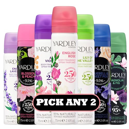 Yardley London Body Fragrance Spray 75ml Pick Any 2 Long-Lasting Body Spray for Women 95% Naturally Derived Ingredients English Rose Lavender Violet Peach Lily Bluebell Magnolia Scents