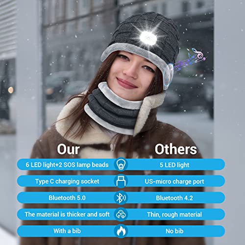 Beanie Bluetooth Hat With Led Light Scarf Set Warm Knit Hat Thick Flannel Lined Wireless Winter Cap Neck Warmer For Men Grey #TOP5