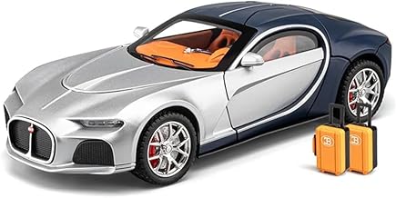 Bugatti Model Car, 1:24 Scale Diecast Metal, Light and Sound Effects, Pull Back Function, Openable Doors and Hood, Silver and Blue