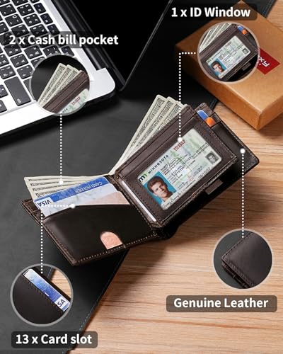 Image of Artpaxy Mens Wallet Bifold Genuine Leather RFID Blocking Wallet for Men with 1 ID Windows 13 Card Holders 2 cash pockets 1 Gift Box