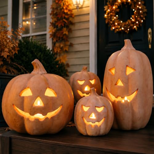 Fall Decor - Halloween Decorations - Handmade Terracotta Pumpkin Jack O Lantern with Flameless Candle - Vintage Autumn Farmhouse Table Decoration for Home Indoor Outdoor Front Porch Mantel (Small)