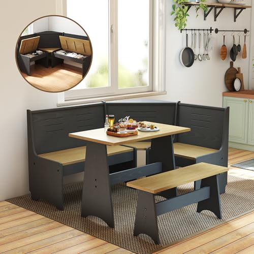 ENOR 3-5 People Breakfast Nook Set, L-Shaped Corner Dining Table with Bench, Hidden Storage Space Saving Convertible for Family Home Black Wood