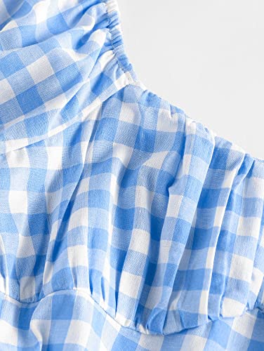 Zaful Women's Casual Plaid Mini Dress Scoop Neck Short Puff Sleeve Sundress A-Line Flowy Summer Dresses (A-Light Blue,S) #TOP3