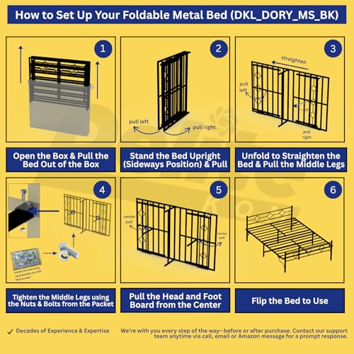 Image of DELITE KOM Dory Metal Bed | Double Size Folding Metal Bed (6.4ft x 4ft) Foldable, Portable, No Installation | Strong Steel Frame | Powder Coated | for 75 inchx48 inch Mattress | Glossy Black |1 Year Warranty