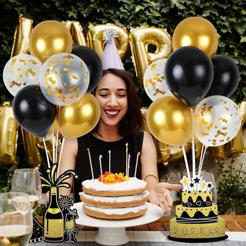 Image of 6 Sets Birthday Balloon Stand Kit for Table Happy Birthday Black Gold Balloon Centerpiece Decor Black and Gold Balloon Stand Kit for 40th 50th 60th 70th Birthday Party Decoration