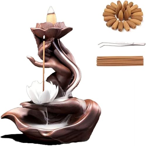 Miniatura 5 de Fuente de incienso, conos de incienso que fluyen, quemador de incienso de cerámica, soporte de incienso de loto, para oficina, hogar, cascada de