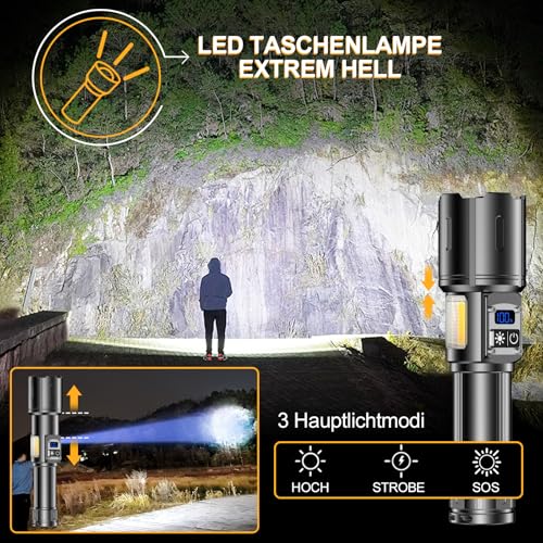 BEYSTE Akumulatorowa Latarka LED, 1000000 Lumenów, Niezwykle Jasna, 9 Trybów, z bocznym światłem COB, z płynną regulacją jasności, z ekranem LCD, do biwakowania, Sytuacje Awaryjne