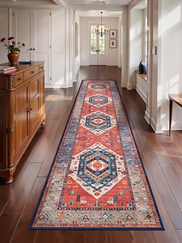 SERISSA Runner Rug for Hallways, 2'6"x12' Washable Non Slip Kitchen Runner Rug, Extra Long Boho Rug Ultra Soft Vintage Rust Print Floor Carpet for Bedroom Hallway Entryway Bathroom Laundry Room